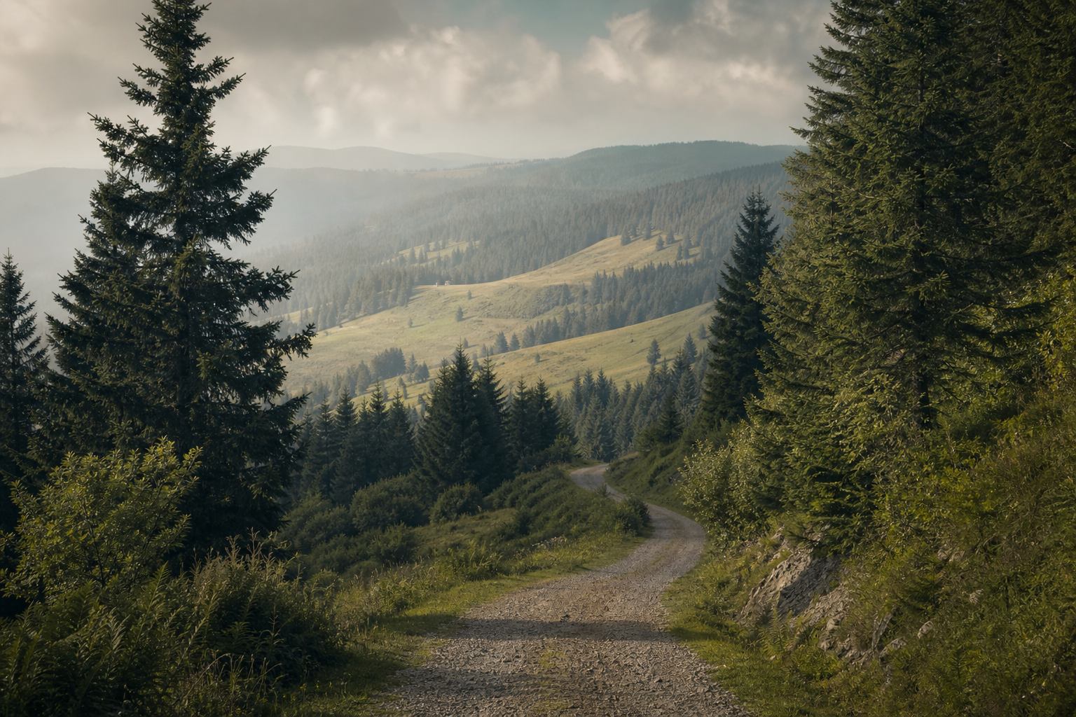 Waldstraße im Schwarzwald zwischen Tannen und Wiesen