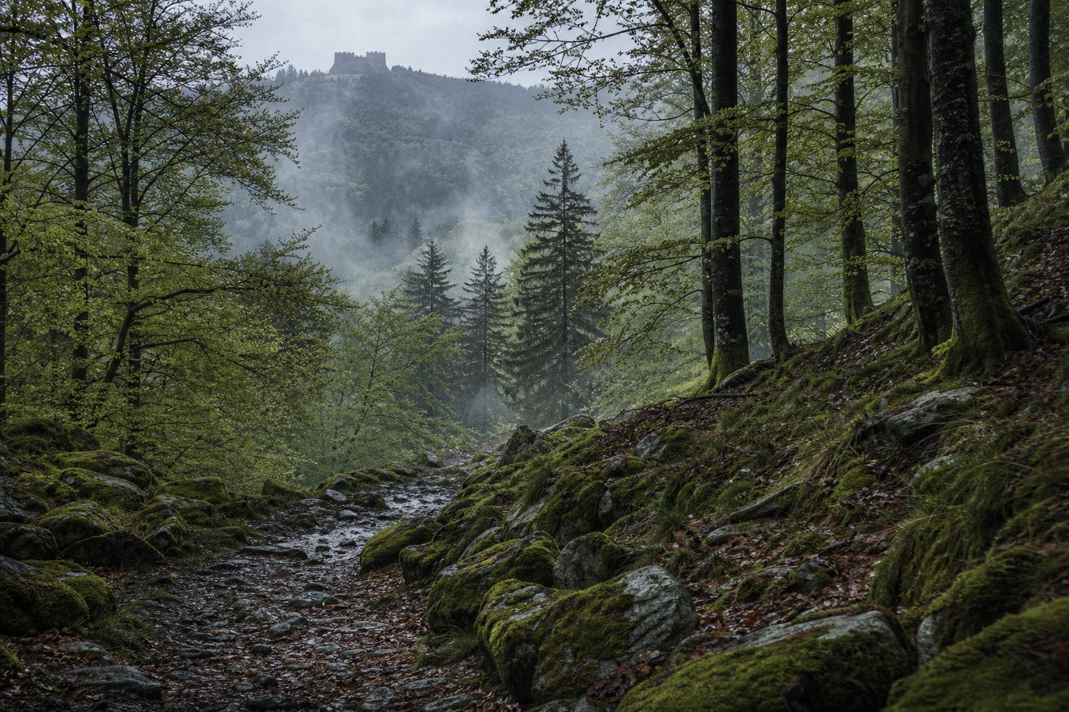 Nebeliger Waldweg im Harz mit bemoosten Steinen