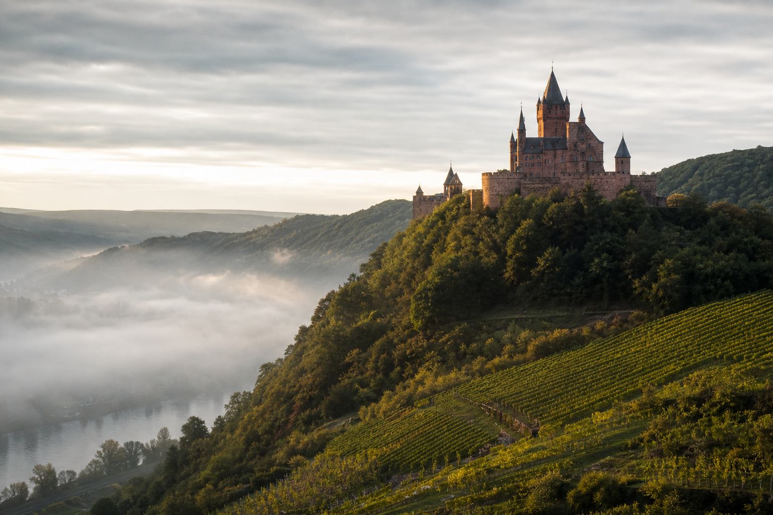 Burg über einer nebligen deutschen Tallandschaft